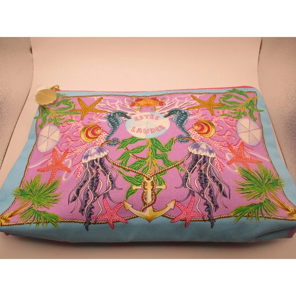 Estee Lauder‎ Ruben Toledo Tropical Parrot Makeup Bag Blue White Floral Cosmetic
